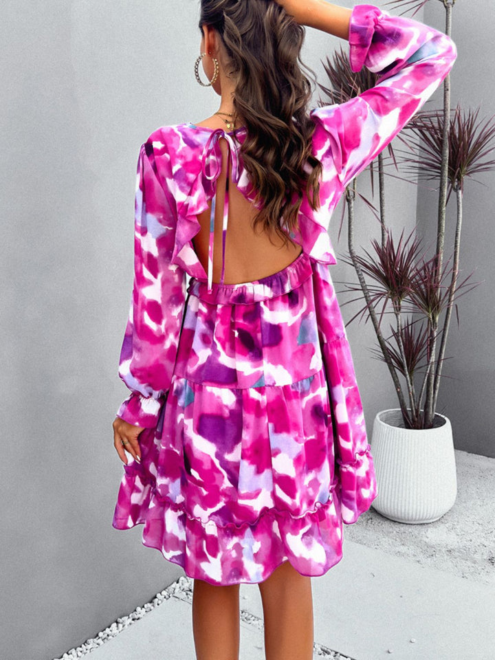 Backless Printed V-Neck Flounce Sleeve Dress | Trendsi