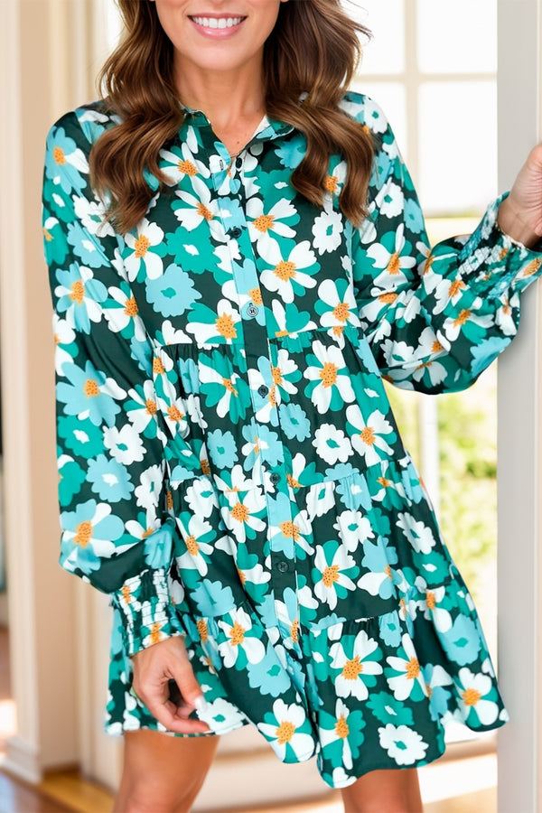 Printed Collared Neck Lantern Sleeve Mini Dress | Trendsi