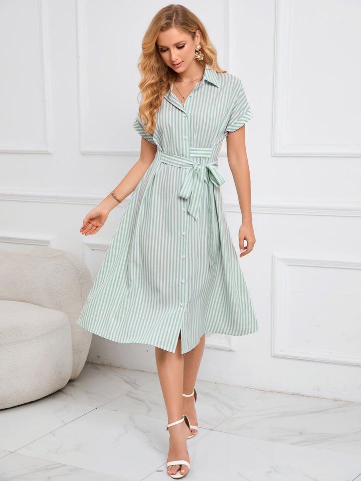 Striped Short Sleeve Tie Waist Midi Dress | Trendsi