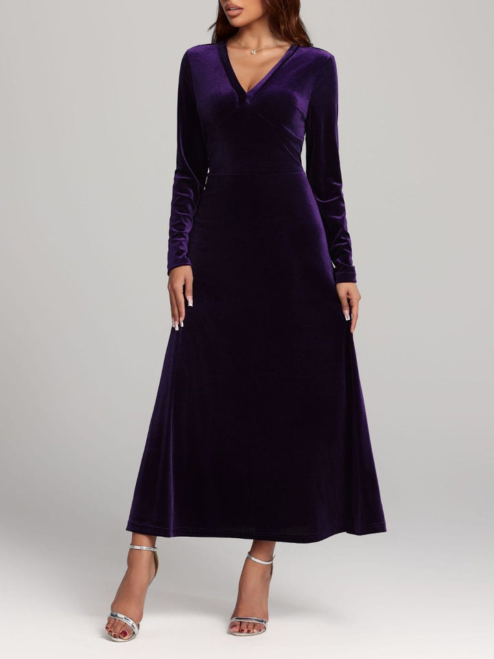 V-Neck Long Sleeve Velvet Dress | Trendsi