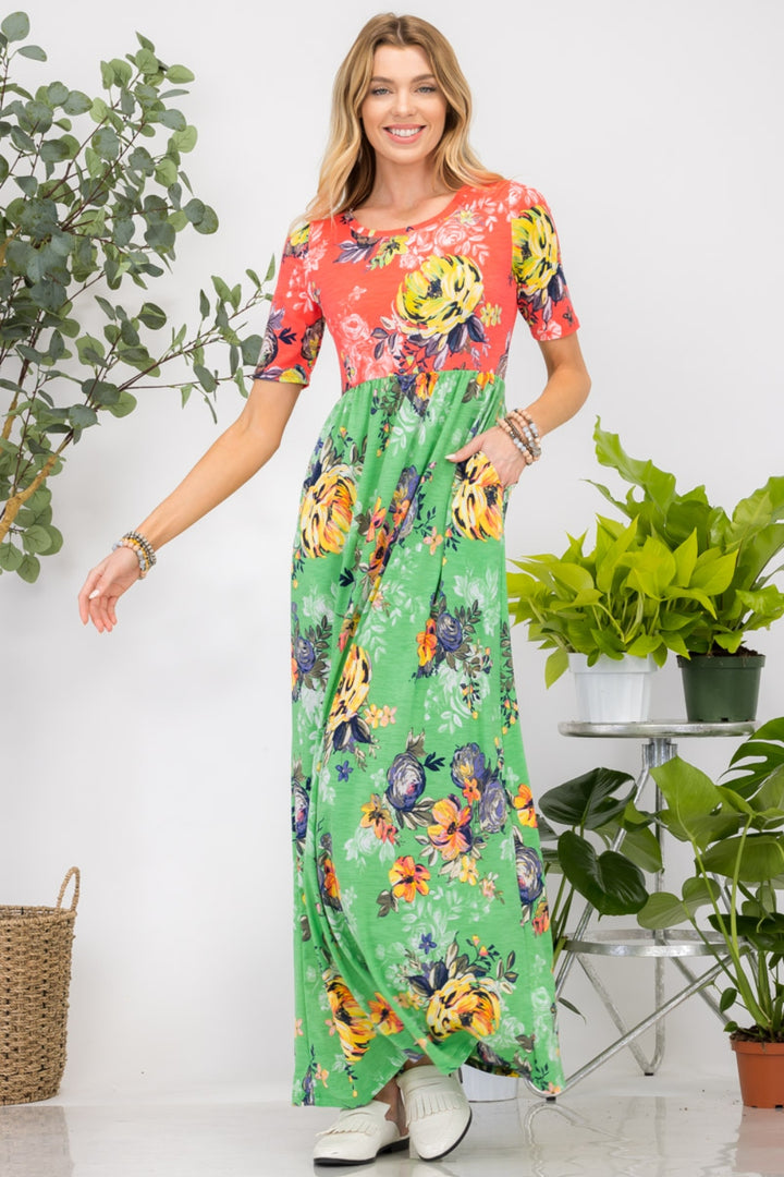 Celeste Full Size Printed Round Neck Short Sleeve Maxi Dress | Trendsi