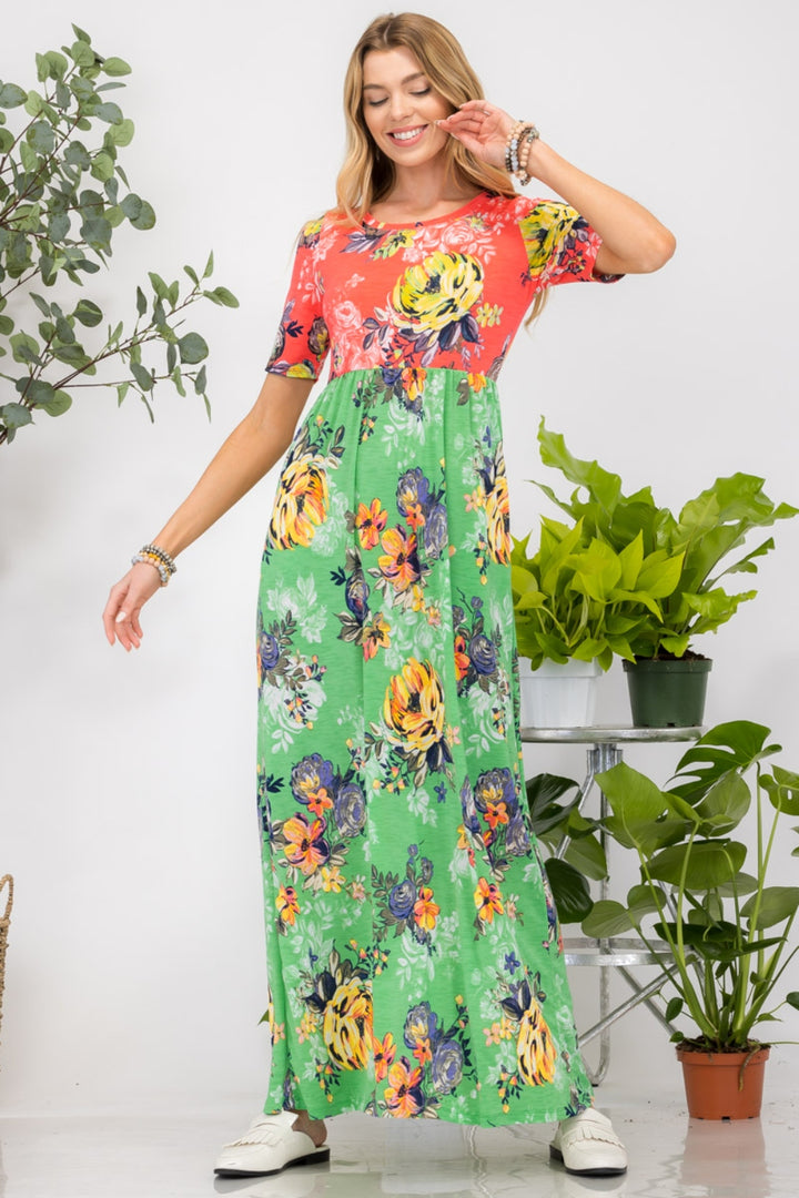 Celeste Full Size Printed Round Neck Short Sleeve Maxi Dress | Trendsi