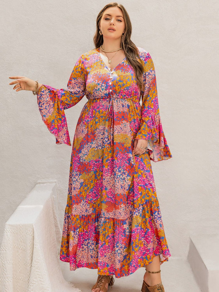 Plus Size Printed V-Neck Long Sleeve Maxi Dress | Trendsi