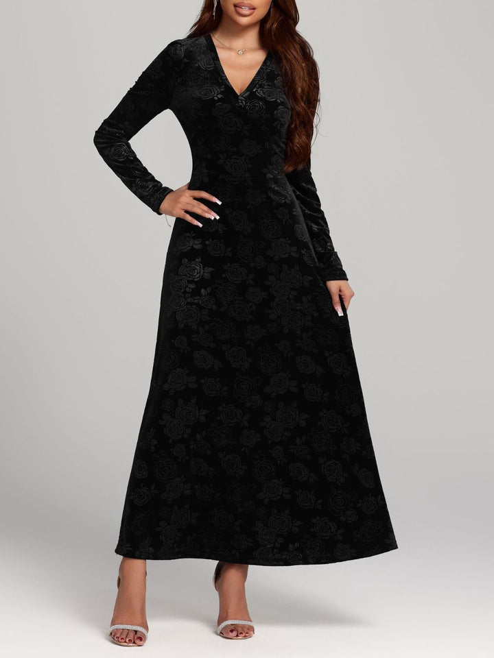 Rose Print V-Neck Long Sleeve Dress | Trendsi