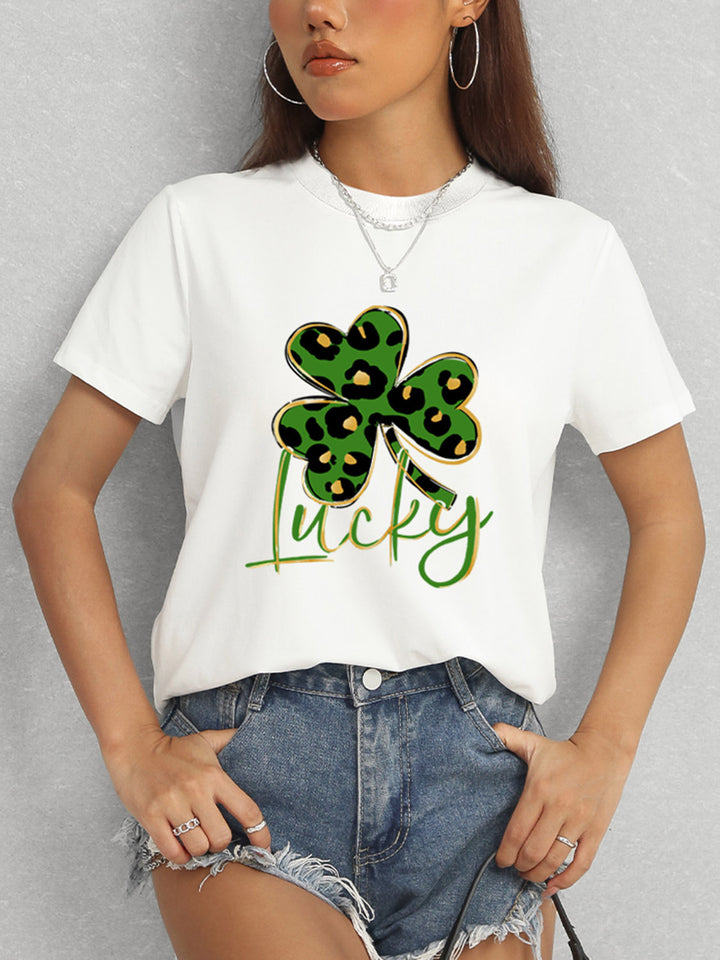 Lucky Clover Round Neck Short Sleeve T-Shirt | Trendsi