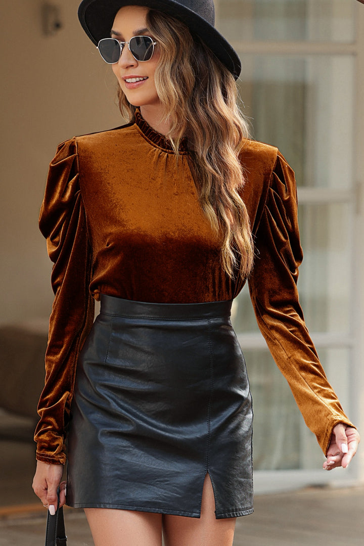 Round Neck Puff Sleeve Velvet Blouse | Trendsi