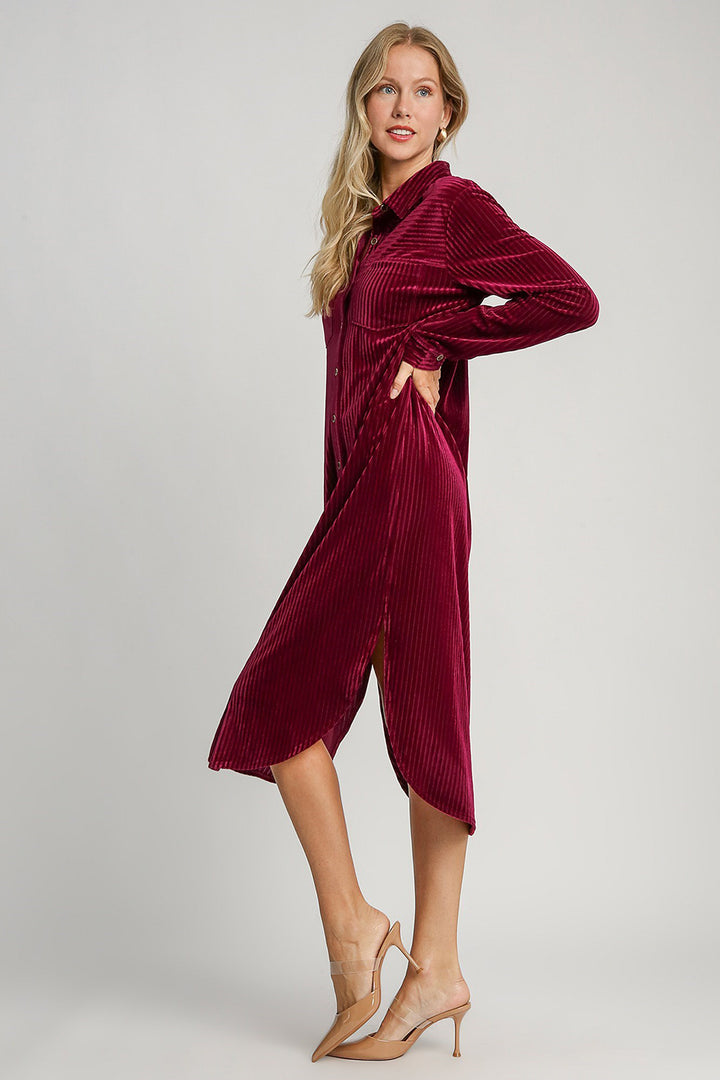 Umgee Texture Curved Hem Button Down Shirt Dress | Trendsi