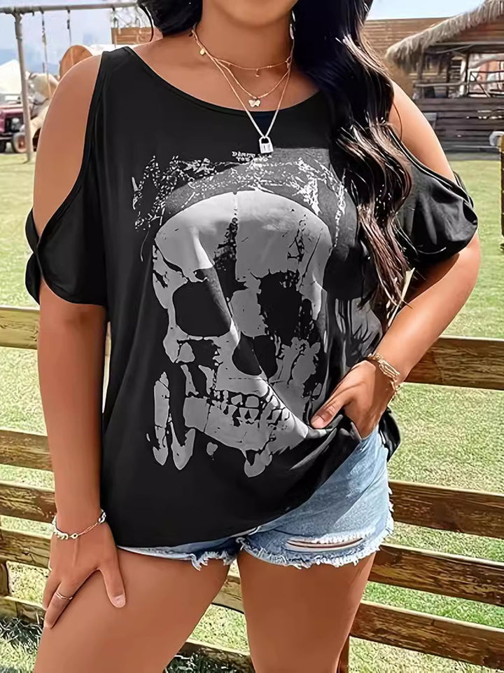 Plus Size Skeleton Graphic Round Neck Cold Shoulder T-Shirt | Trendsi