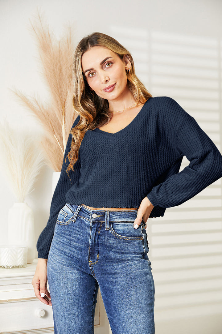 Full Size Waffle-Knit V-Neck Blouse | Trendsi