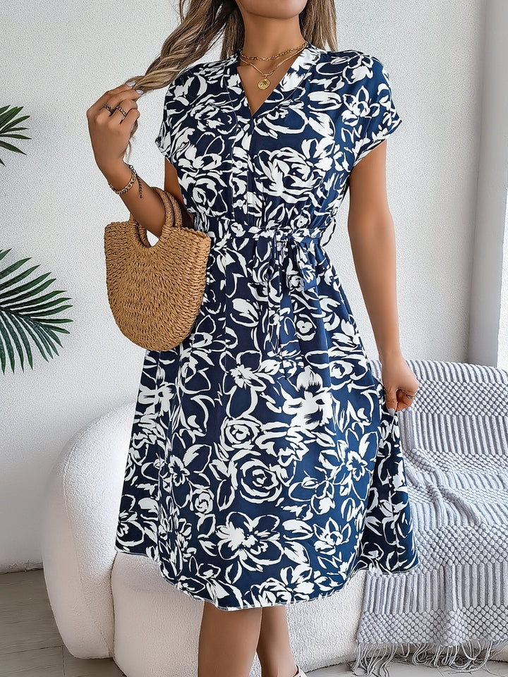 Printed V-Neck Short Sleeve Dress | Trendsi