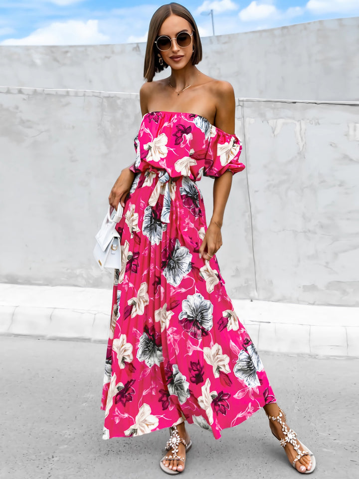 Pleated Floral Off-Shoulder Short Sleeve Midi Dress | Trendsi