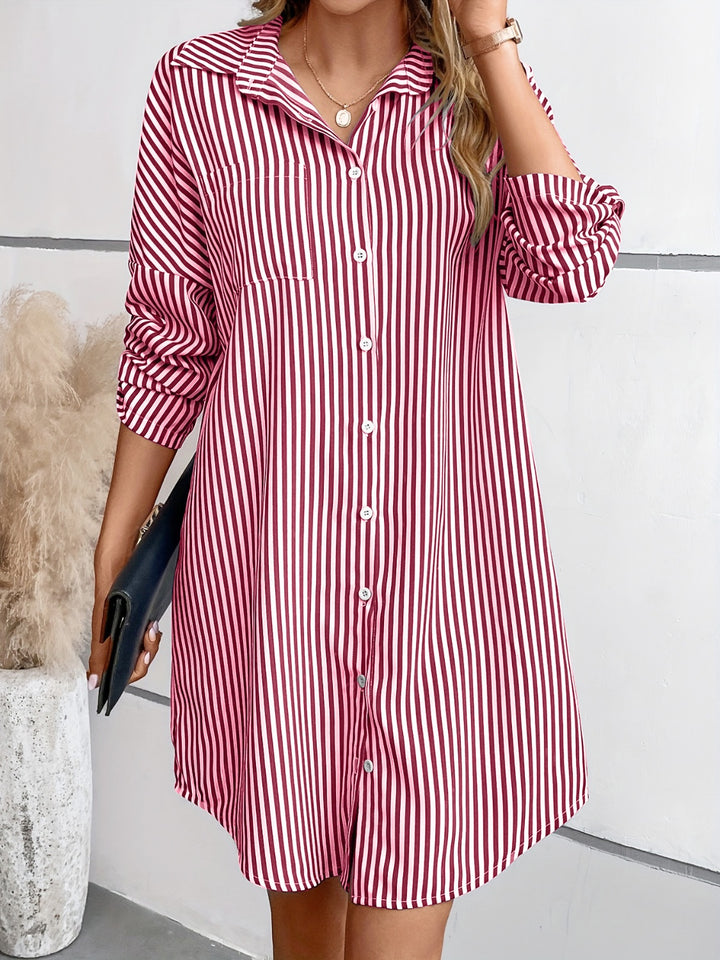 Striped Button Up Long Sleeve Mini Shirt Dress | Trendsi