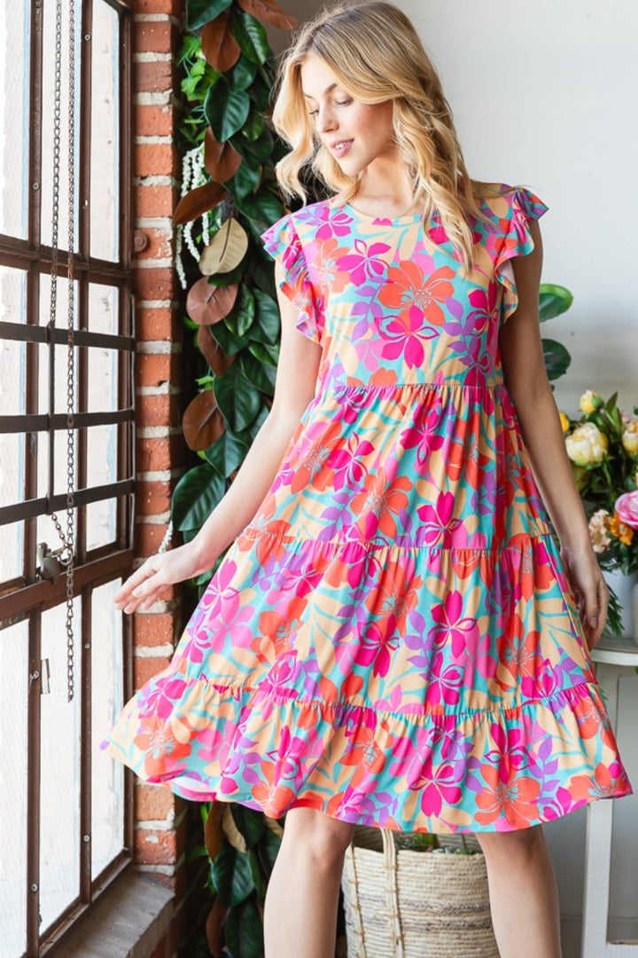 Heimish Full Size Floral Cap Sleeve Tiered Dress | Trendsi