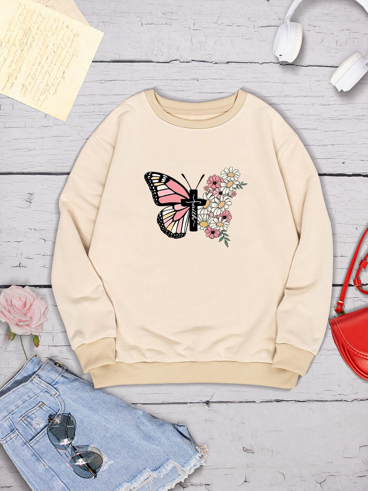 Butterfly Round Neck Dropped Shoulder Sweatshirt | Trendsi