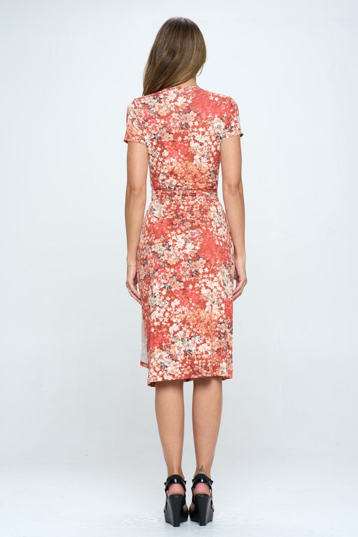 RENEE C Floral Tie Front Surplice Short Sleeve Dress | Trendsi