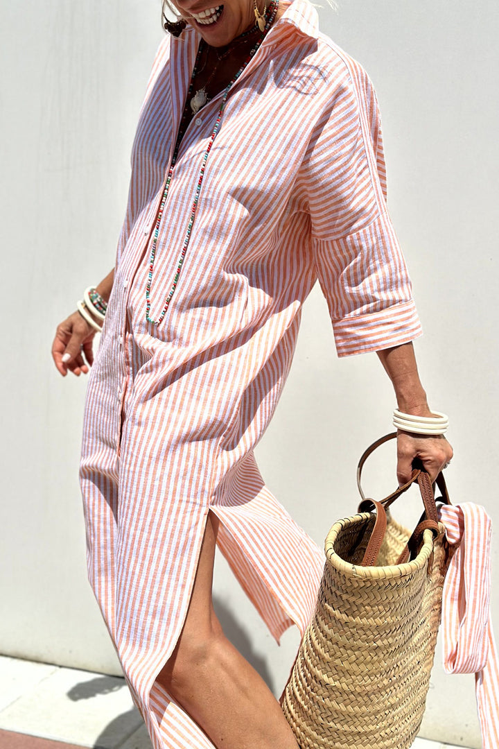 Tied Button Up Three-Quarter Sleeve Dress | Trendsi