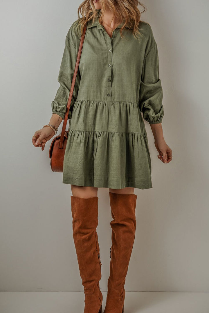 Tiered Collared Neck Balloon Sleeve Shirt Dress | Trendsi