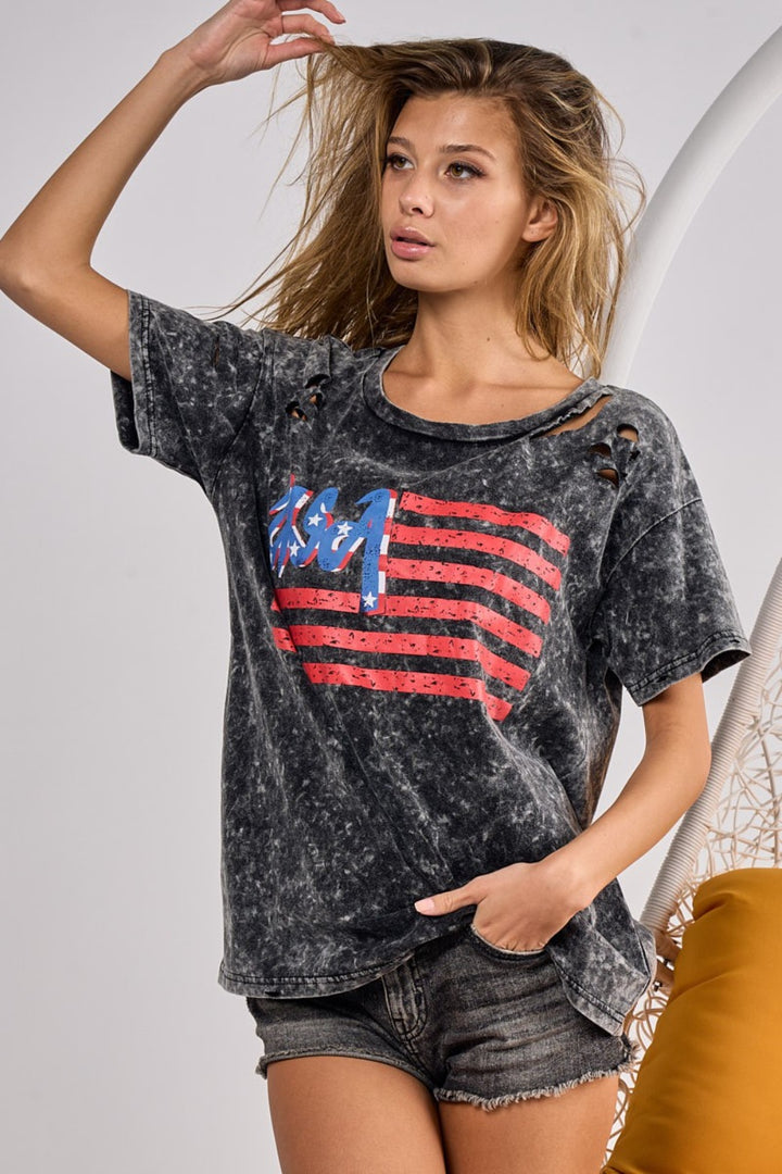BiBi US Flag Washed Laser Cut T-Shirt | Trendsi
