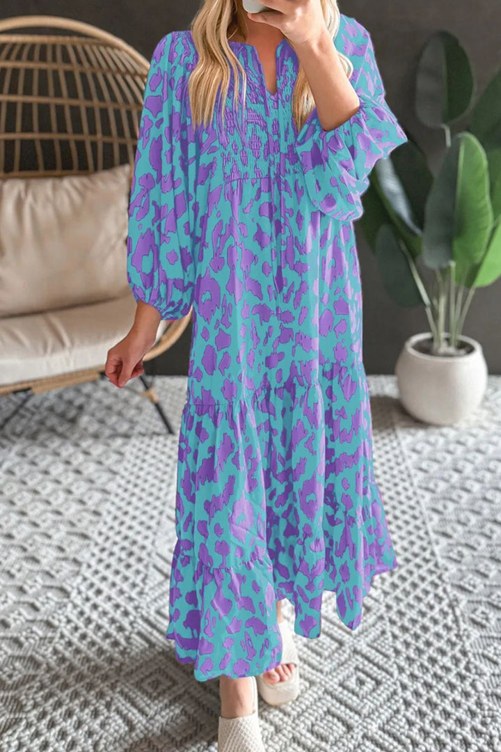 Smocked Printed Tie Neck Long Sleeve Dress | Trendsi