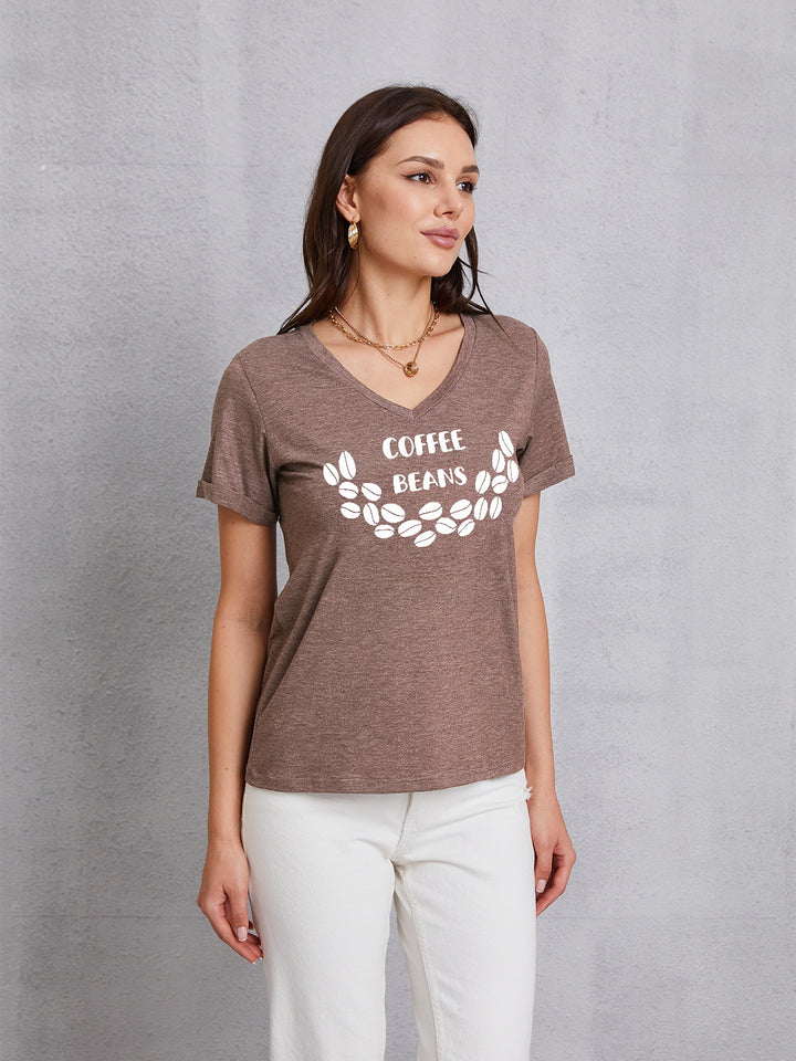 COFFEE BEANS V-Neck Short Sleeve T-Shirt | Trendsi