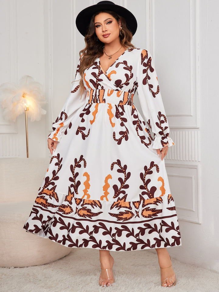 Plus Size Printed Surplice Flounce Sleeve Dress | Trendsi