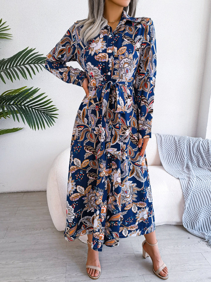 Tied Printed Long Sleeve Midi Dress | Trendsi