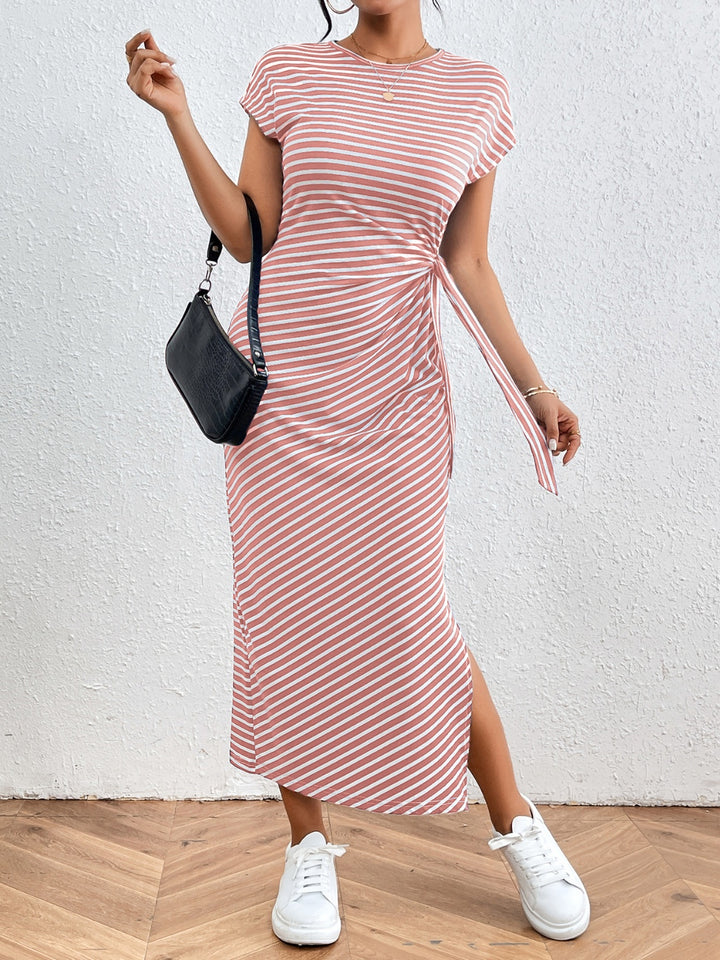 Tied Striped Round Neck Short Sleeve Tee Dress | Trendsi