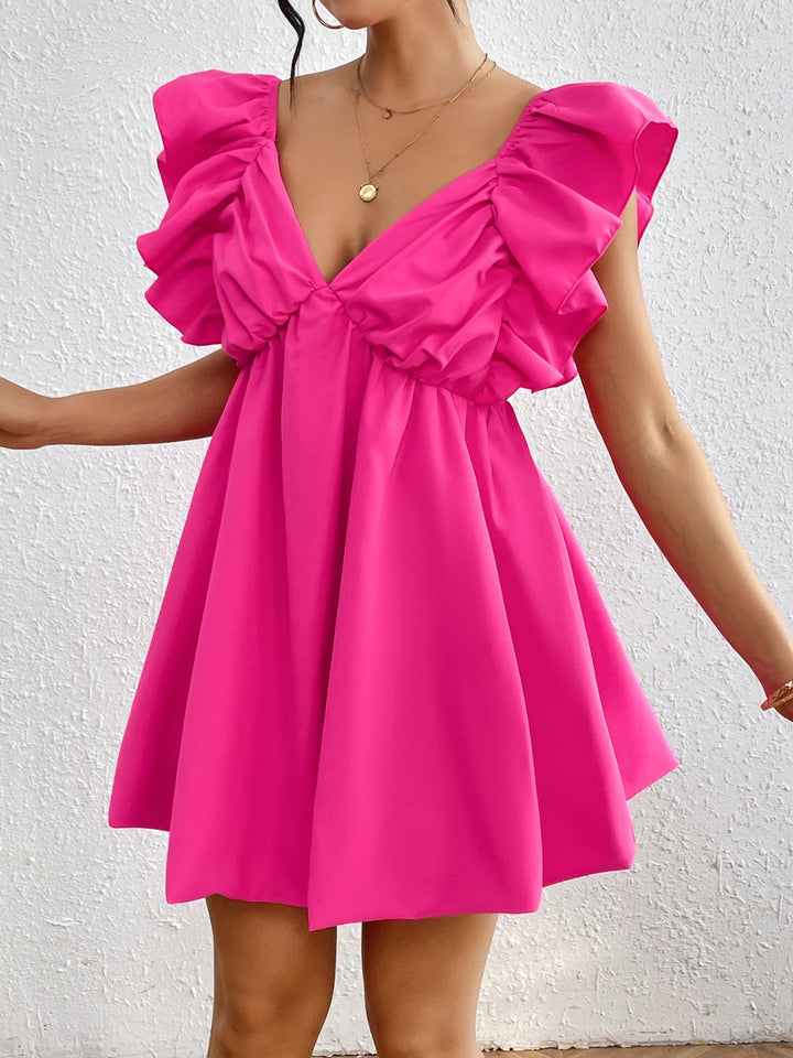 Ruffled V-Neck Cap Sleeve Mini Dress | Trendsi