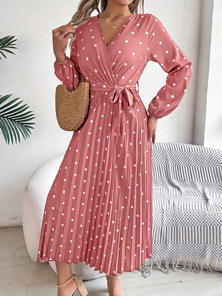 Tied Polka Dot Long Sleeve Midi Dress | Trendsi