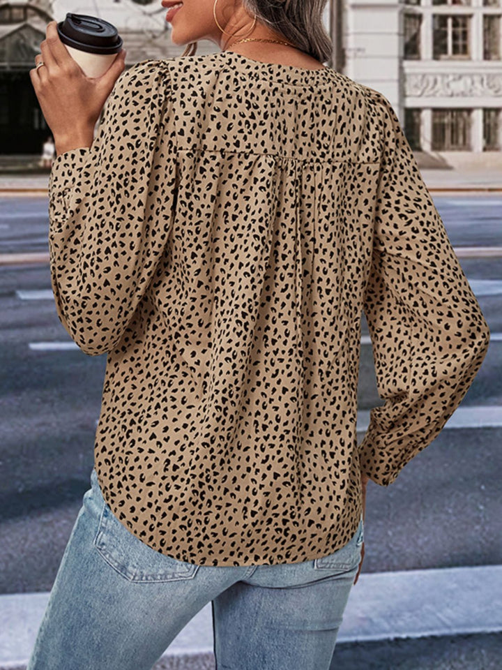 Perfee Leopard Notched Neck Puff Sleeve Blouse | Trendsi