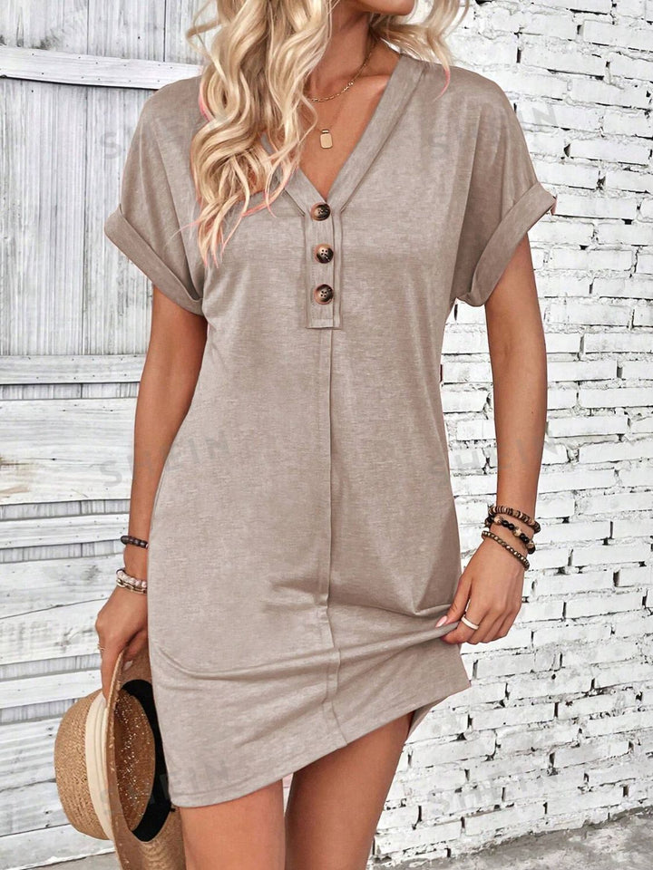 Quarter Button V-Neck Short Sleeve Dress | Trendsi