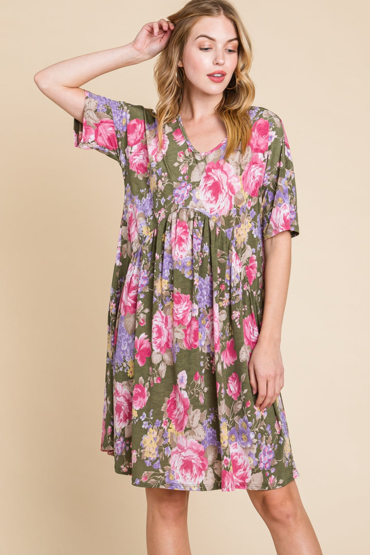 BOMBOM Flower Print V-Neck Ruched Dress | Trendsi