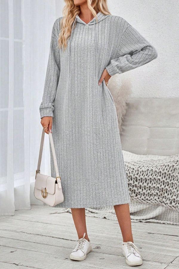 Side Slit Drawstring Long Sleeve Hooded Dress | Trendsi