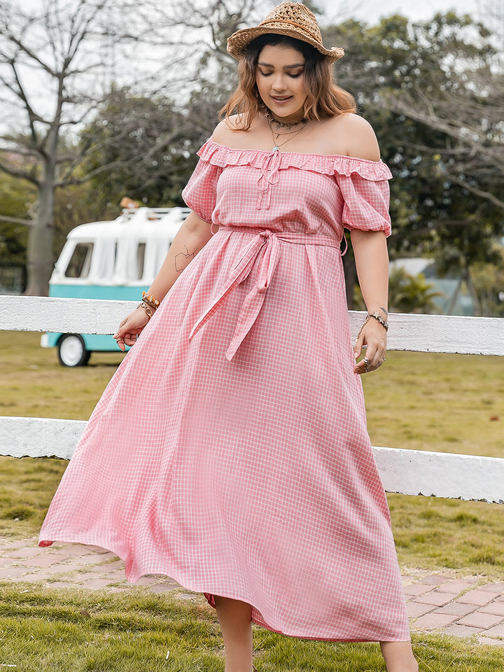 Plus Size Plaid Off-Shoulder Short Sleeve Midi Dress | Trendsi