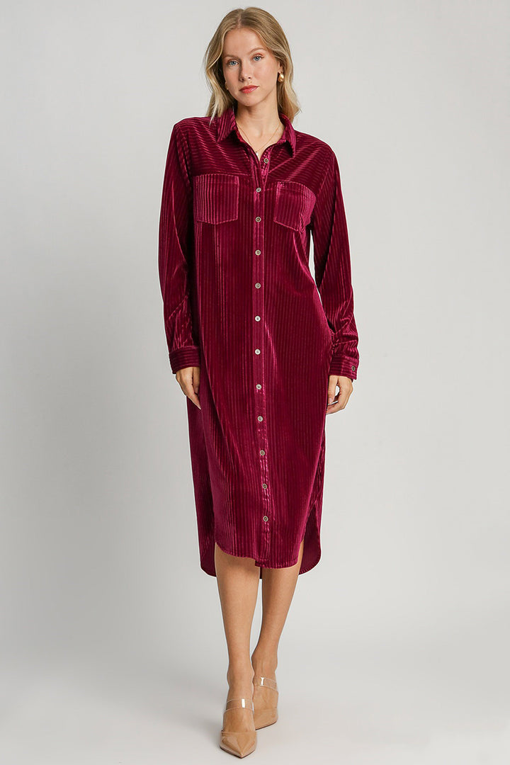 Umgee Texture Curved Hem Button Down Shirt Dress | Trendsi