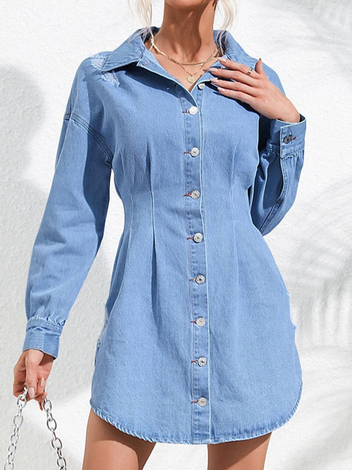 Distressed Button Up Long Sleeve Denim Dress | Trendsi