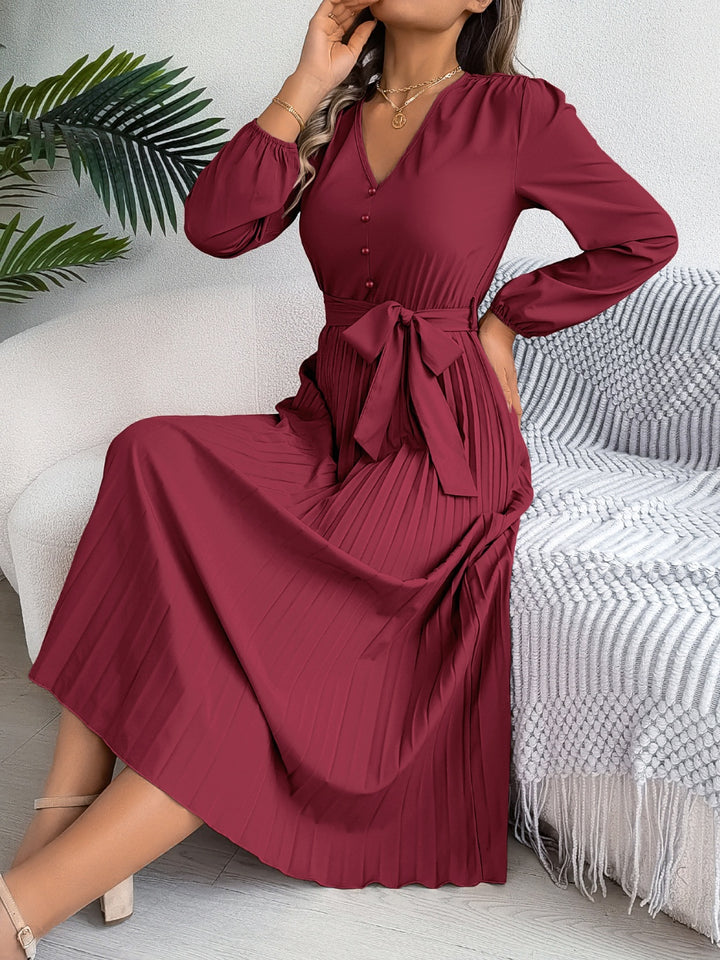 Pleated Tied V-Neck Long Sleeve Dress | Trendsi