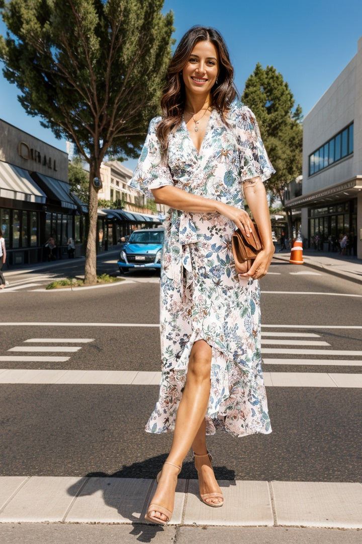 High-Low Printed Surplice Flutter Sleeve Midi Dress | Trendsi