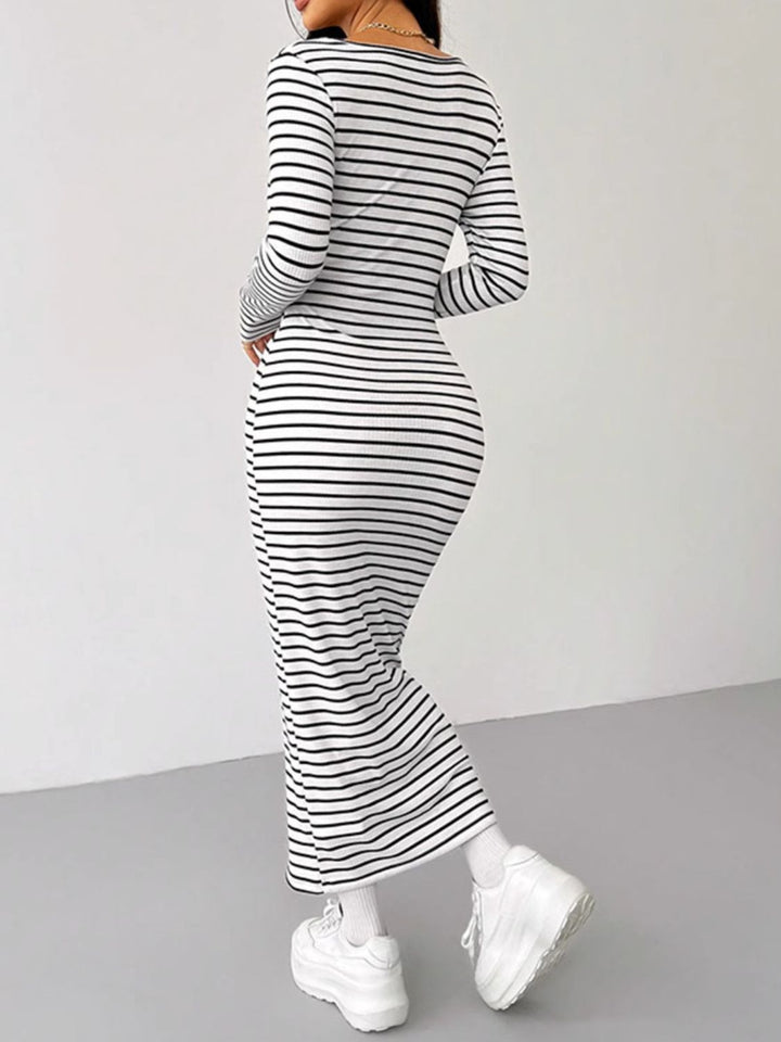 Striped Scoop Neck Long Sleeve Midi Tee Dress | Trendsi