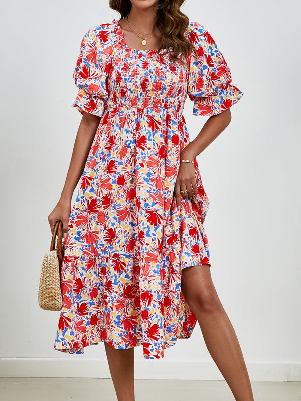Smocked Floral Square Neck Short Sleeve Dress | Trendsi