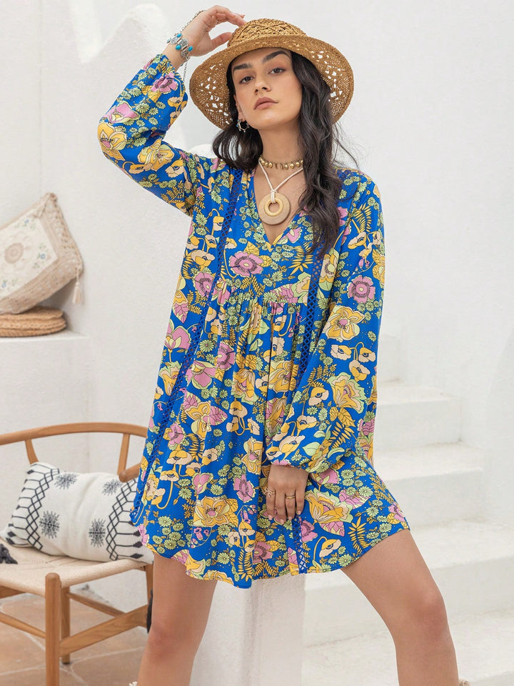 Printed V-Neck Balloon Sleeve Mini Dress | Trendsi