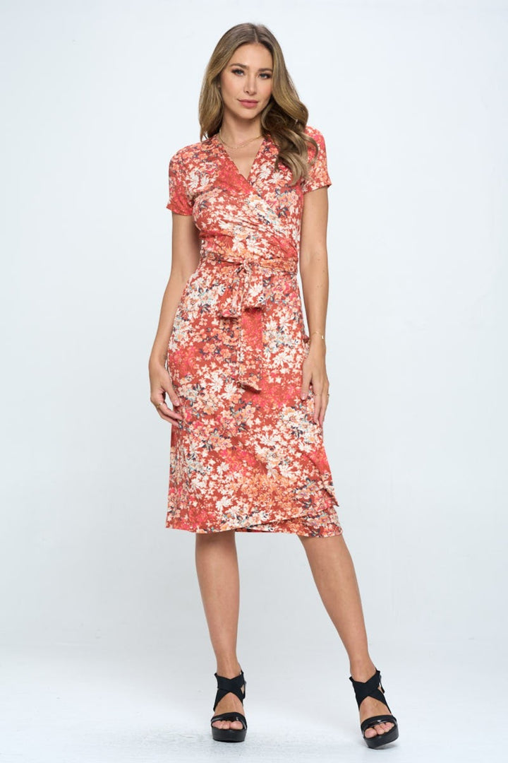 RENEE C Floral Tie Front Surplice Short Sleeve Dress | Trendsi