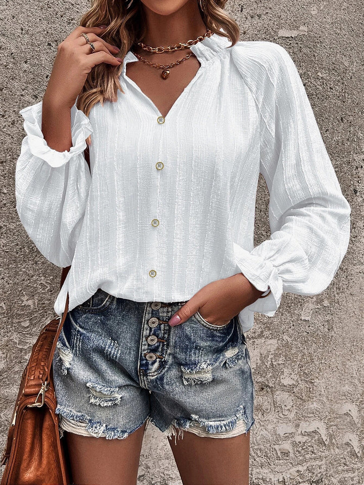 Notched Neck Flounce Sleeve Shirt | Trendsi