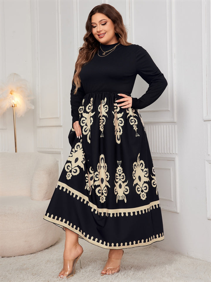 Plus Size Printed Mock Neck Long Sleeve Dress | Trendsi