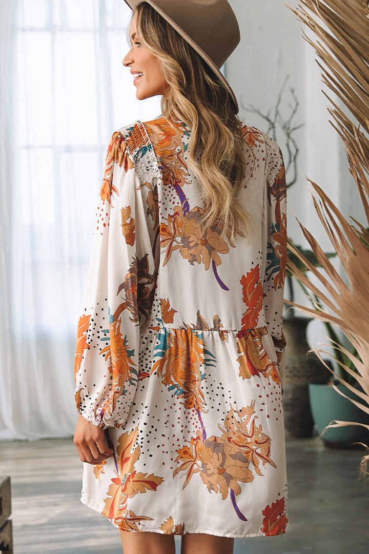 Printed V-Neck Balloon Sleeve Mini Dress | Trendsi