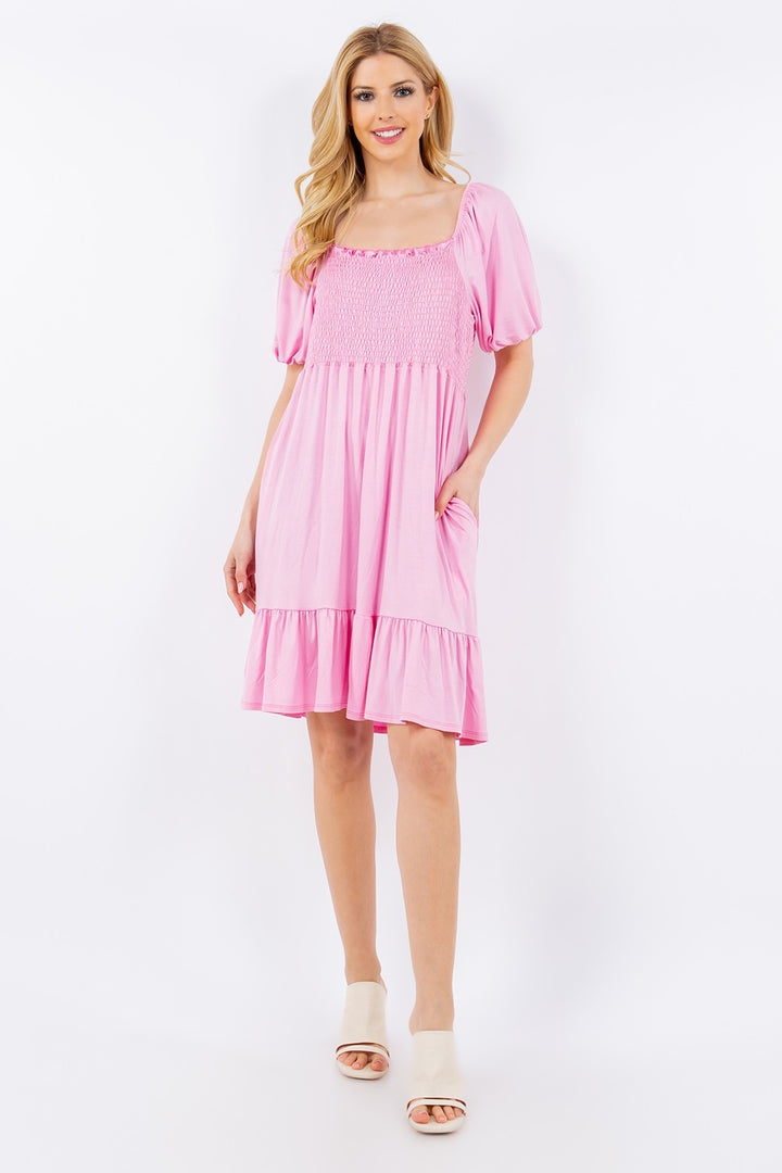 Celeste Full Size Ruffle Hem Short Sleeve Smocked Dress | Trendsi