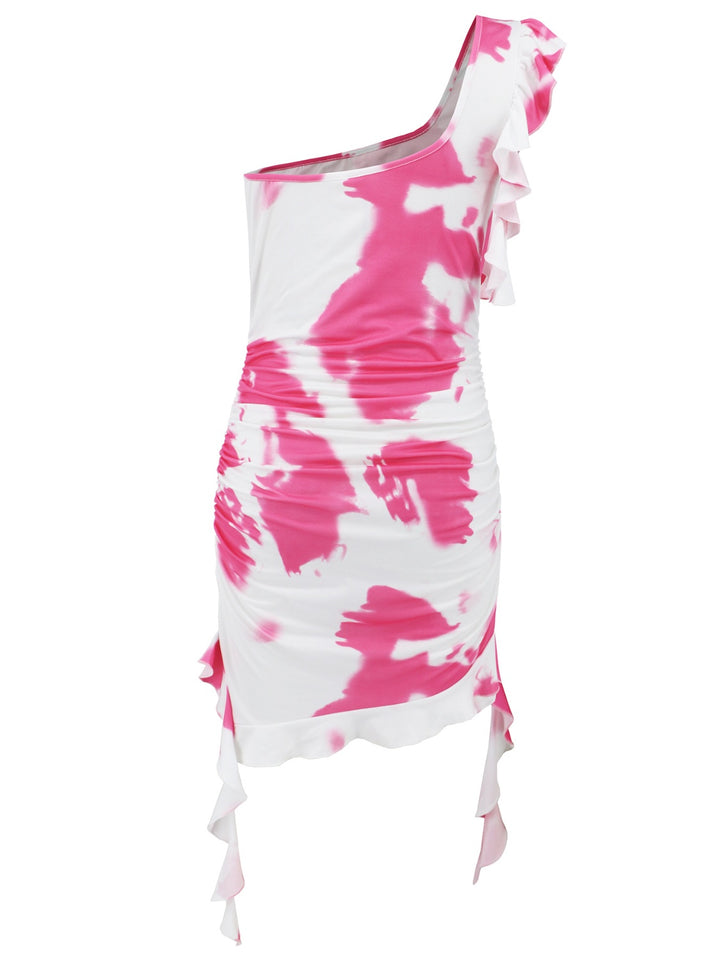 Ruffled Tie-Dye Single Shoulder Mini Dress | Trendsi