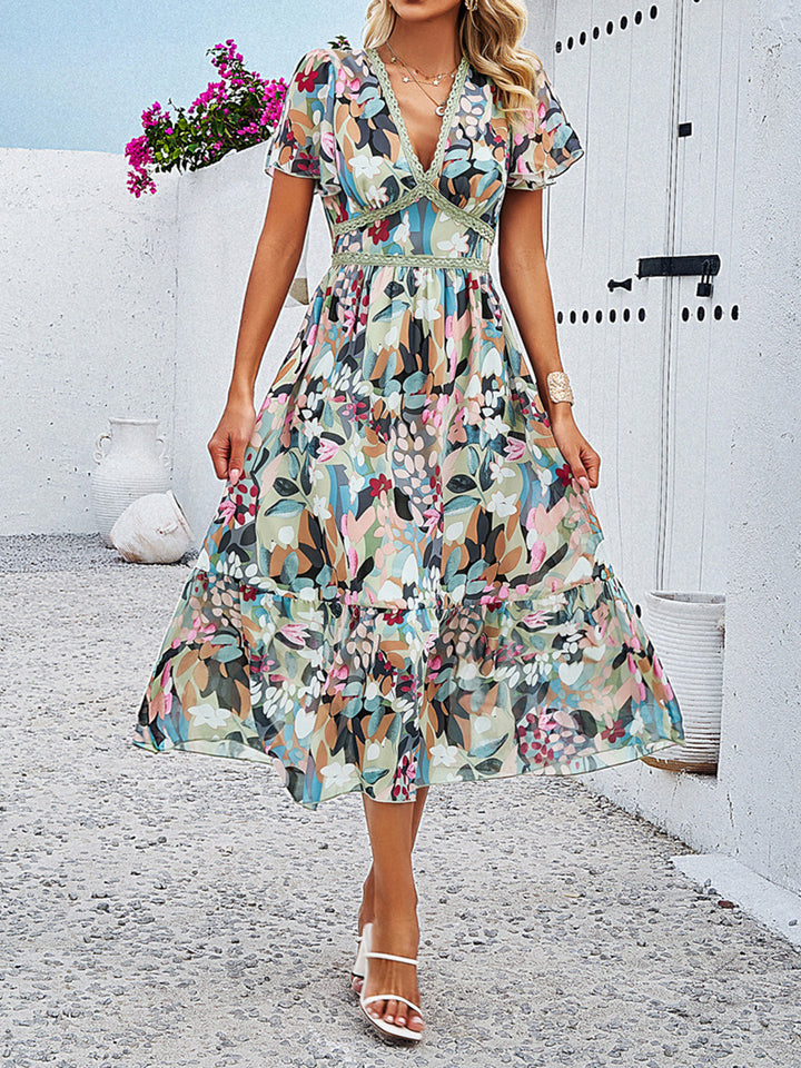 Printed V-Neck Flutter Sleeve Midi Dress | Trendsi