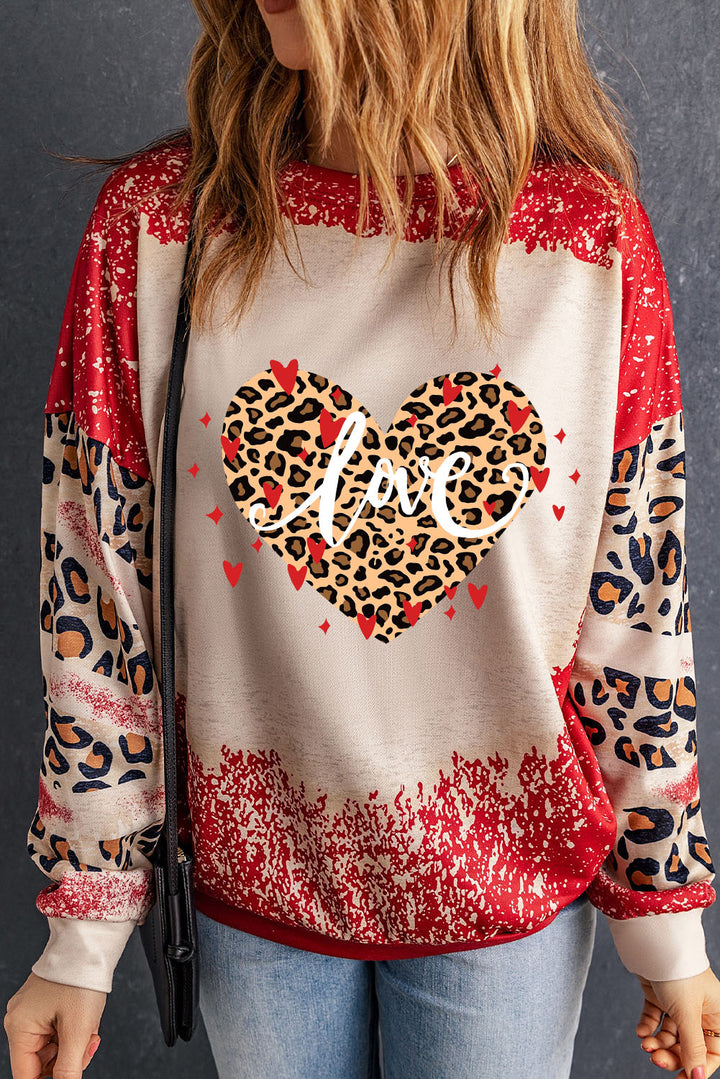 LOVE Heart Leopard Round Neck Sweatshirt | Trendsi