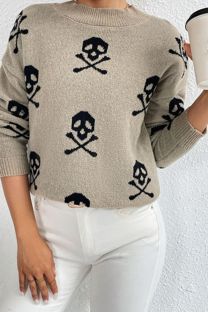 Graphic Mock Neck Dropped Shoulder Sweater | Trendsi